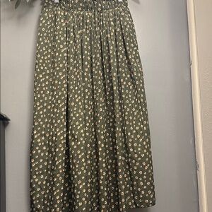 EXLURA Women's Olive Floral Pleated Maxi Skirt